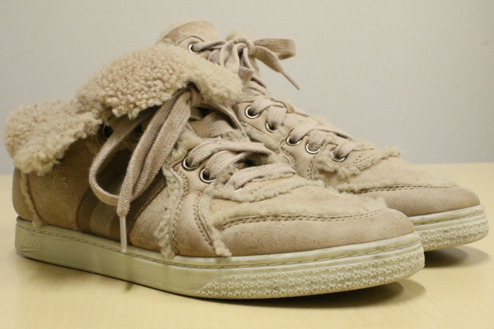 9.8万円 GUCCI シェリーライン 2WAY ハイカット ムートン スニーカー ウェブストライプ レザー シューズ グッチ ブーツ 革靴 茶 35 (22.0)