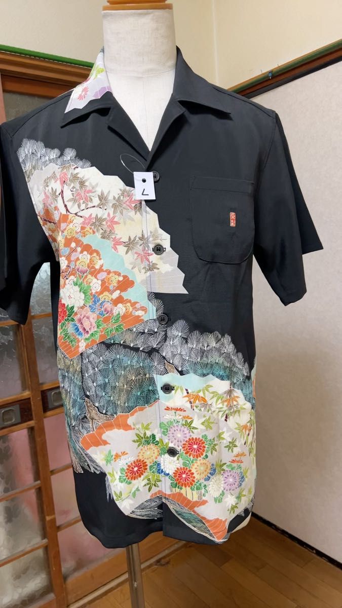 アロハシャツ 着物リメイク 和柄、L寸、留袖着物!