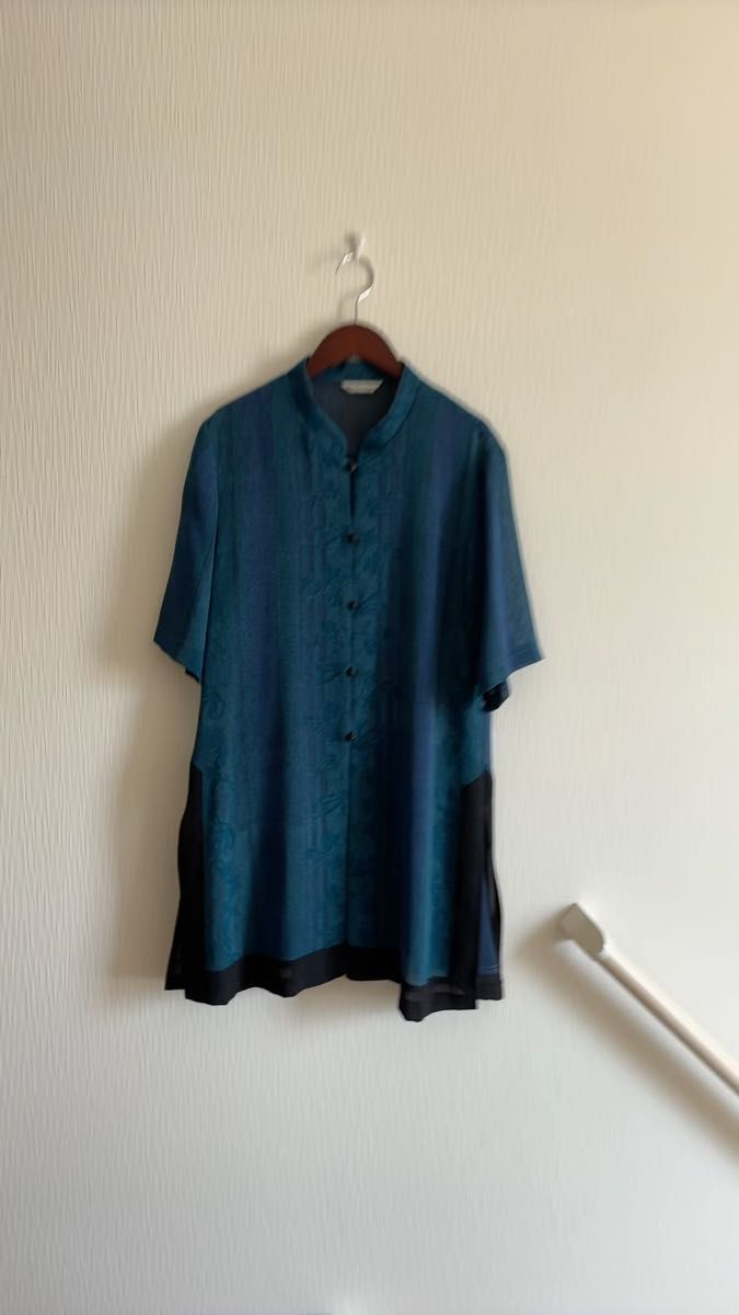 SALE(美品)バンドカラーシアーチュニック*ブルーグリーンM