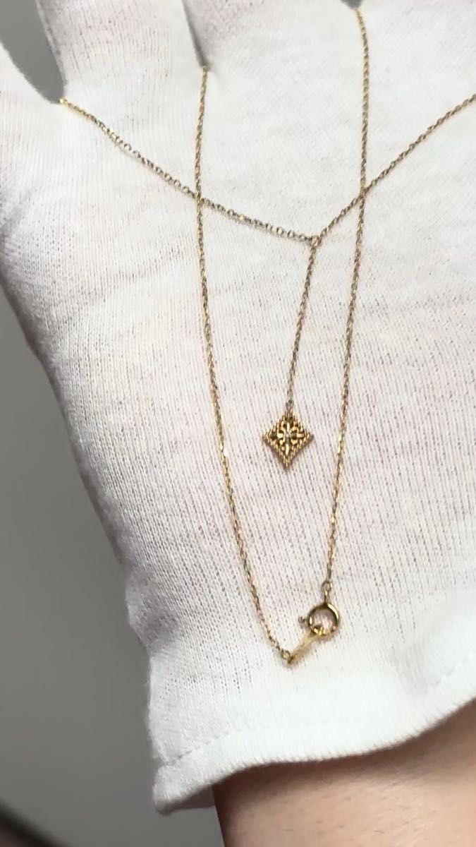 k10 YG メレダイヤモンド付き ロザリオ風ネックレス 美品ロング!