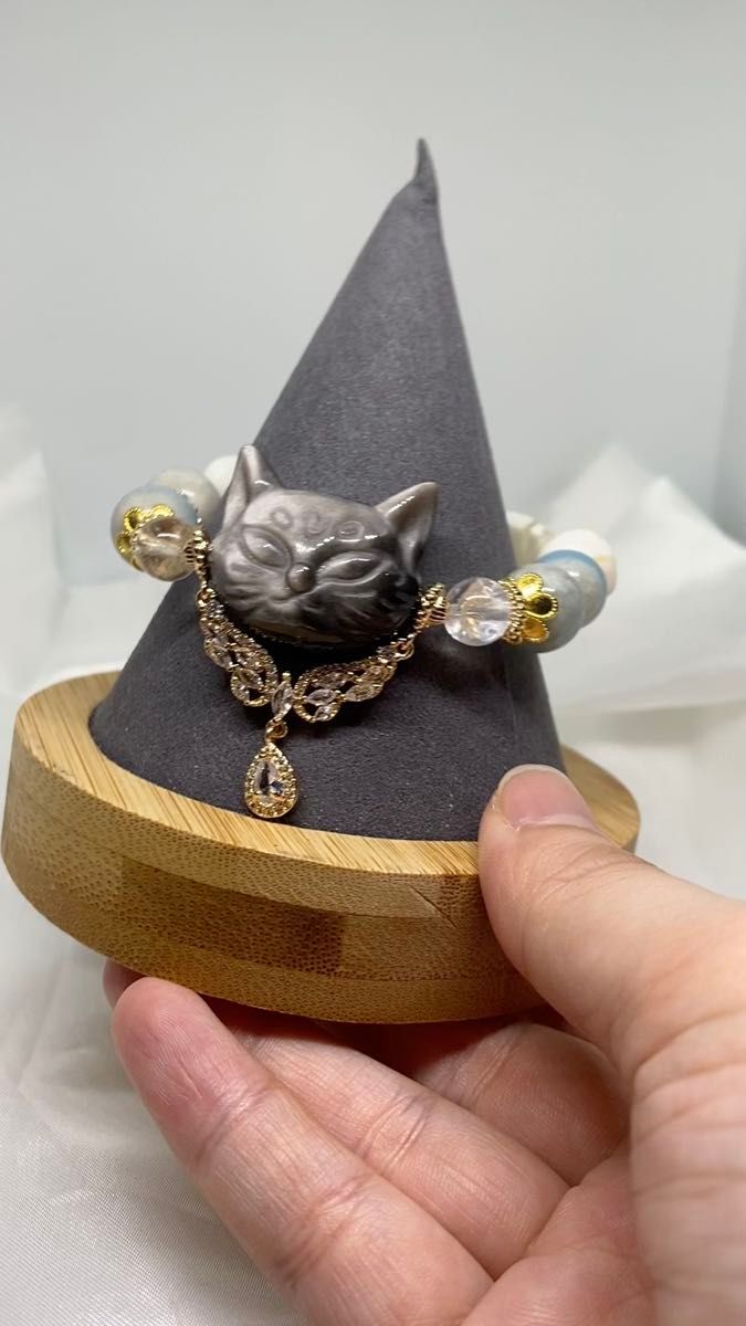 シルバーオブシディアン猫×アイリス水晶×トロレアイト×ホワイトアゲート内径15.5cm ブレスレット