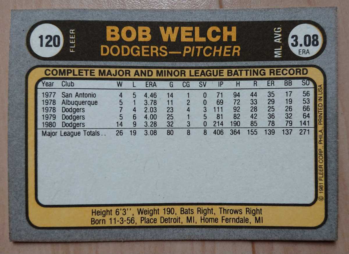 ★BOB WELCH ROBERT FLEER 1981 #120 MLB メジャーリーグ 大リーグ LOS ANGELES DODGERS LA ドジャース ボブ ウェルチ ATHLETICS_画像2