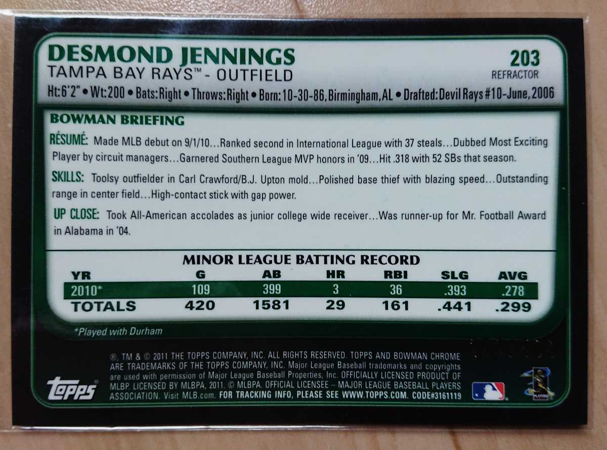 ★RC AUTO シリ DESMOND JENNINGS BOWMAN CHROME 2011 MLB メジャーリーグ サイン ルーキー ジェニングス TAMPA BAY RAYS レイズ キラ_画像2