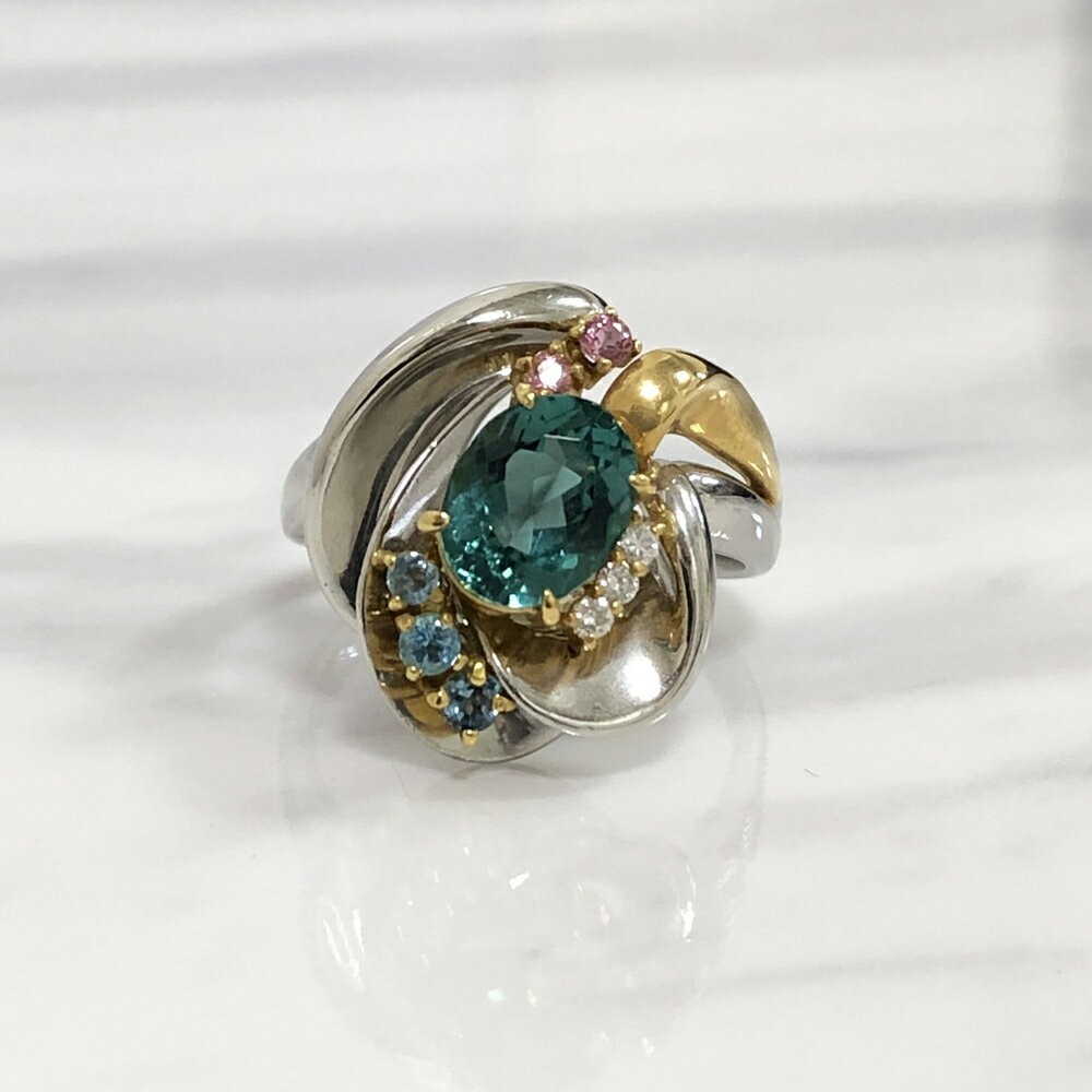 高品質 Pt900 【中古美品】 K18 トルマリン 1.58ct ダイヤ 0.05ct 15号