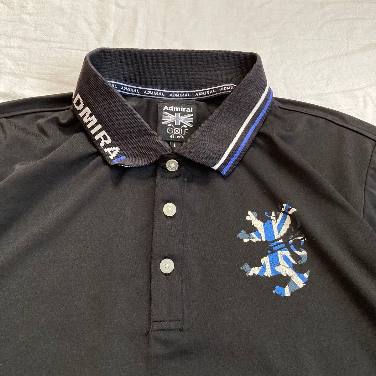 Admiral アドミラル ゴルフウェア ストレッチポロシャツ Lサイズ 黒 GOLF 衿 ストライプ バックプリント 半袖ポロ