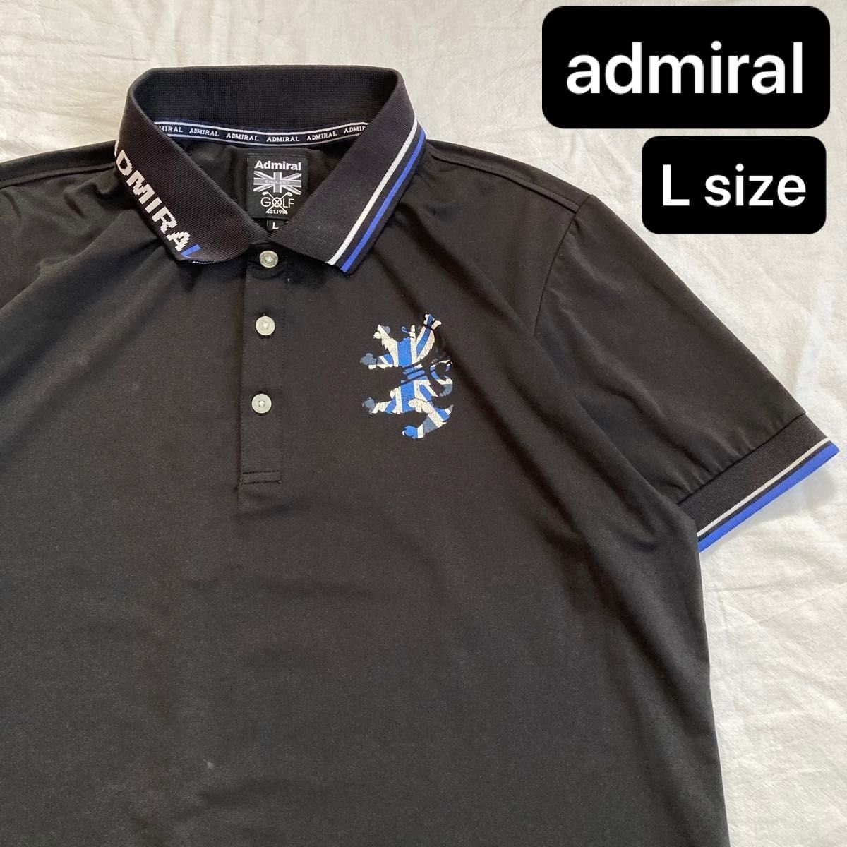 Admiral アドミラル ゴルフウェア ストレッチポロシャツ Lサイズ 黒 GOLF 衿 ストライプ バックプリント 半袖ポロ