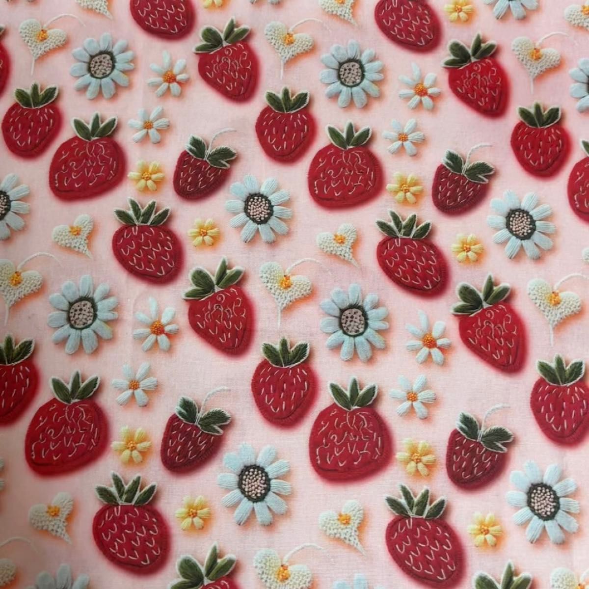 長さ100cm*110cm(幅) 春新柄3D立体視感刺繍いちご花柄コットン生地プリント生地ハンドメイド用ハギレ生地シーチング生地