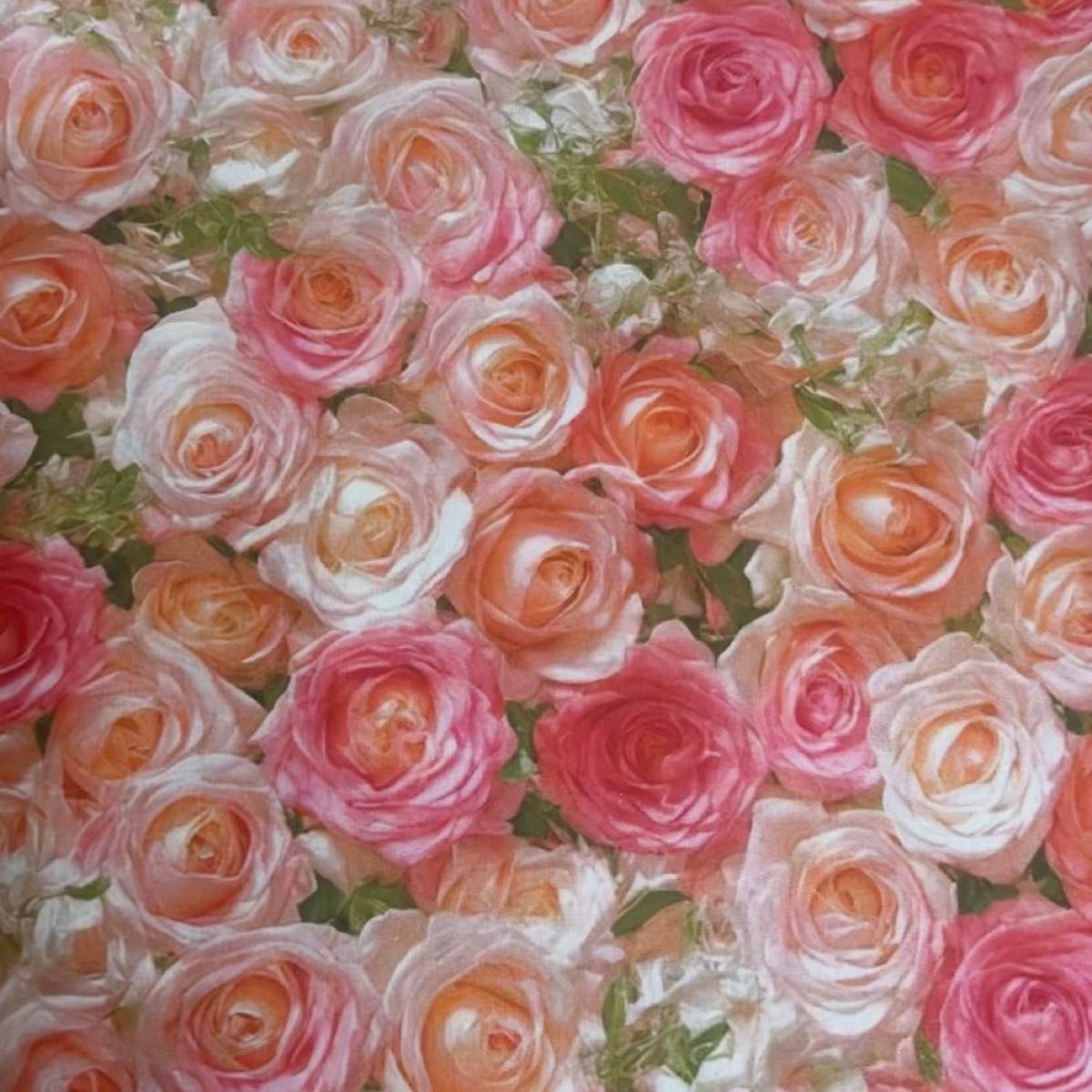 長さ100cm*110cm(幅)春夏新柄 ホットピンク油絵薔薇パールレースコットン生地プリントハンドメイド用 シーチングハギレ生地