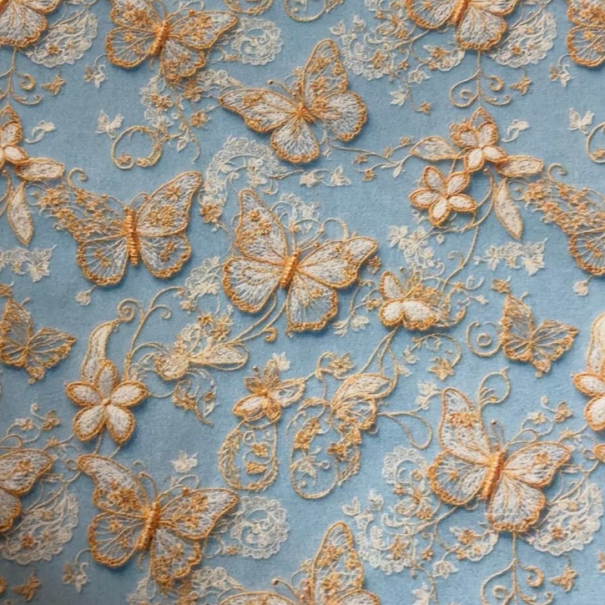 長さ100cm*110cm(幅) 夏新柄立体感デニム立体刺繍風レース蝶花柄コットンプリント生地ハンドメイド用 シーチングハギレ生地