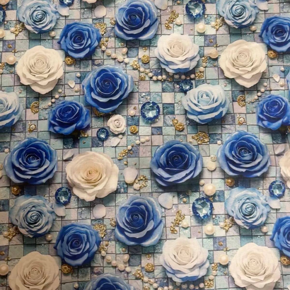 長さ100cm*110cm(幅)夏新柄 モザイクタイルブルー薔薇花柄パールラインストーン コットンプリント生地シーチングハギレ生地