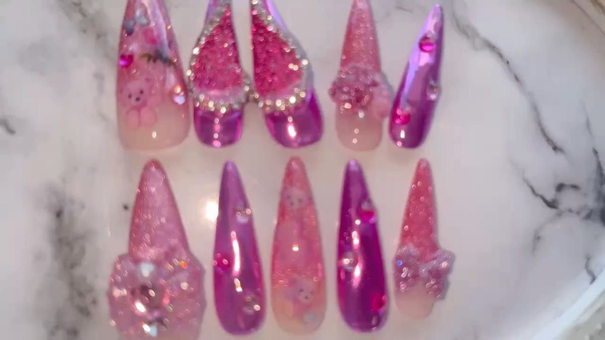 キッズネイルチップ XS ピンク マグネット フラッシュ ハート クマ ロング ギャル