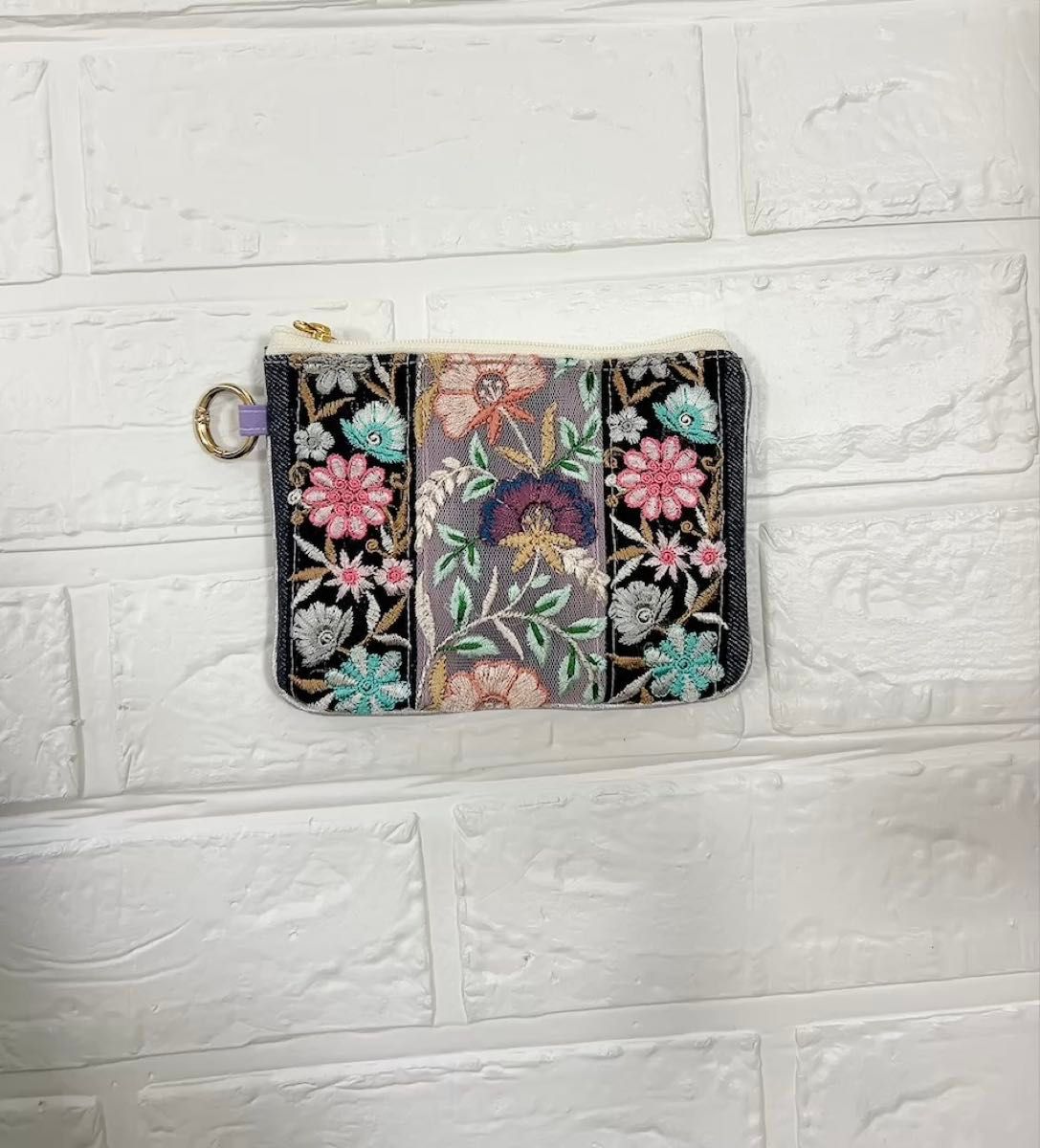 インド刺繍リボン デニム ミニポーチ コインポーチ ポーチ ハンドメイド 丸カラビナ付き