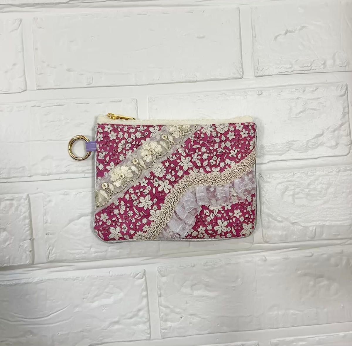 花柄×デニム インド刺繍リボン ミニポーチ コインポーチ ハンドメイド 大人可愛い