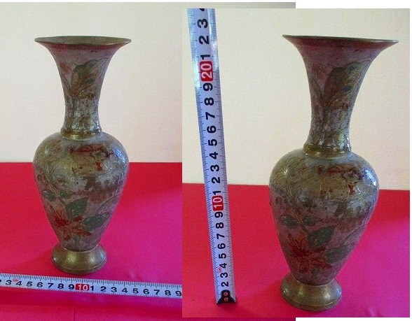 銅花瓶 銅花器 銅製品 古美術品 時代品 骨董品 古民家 花柄 朱色 T23