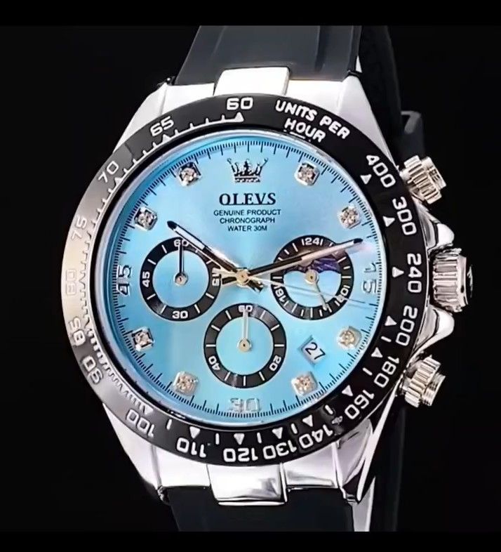 OLEVS クロノグラフ クオーツ腕時計 タキメーター ムーンフェイズ 防水 スポーツウォッチ シリコンバンド 文字盤ターコイズ