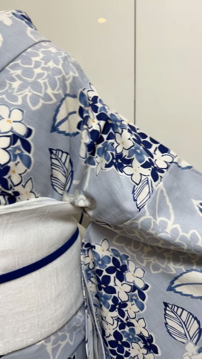 浴衣 Lサイズ 浴衣単品販売 ポリエステル100% 白 ゆかた ユカタ L 白 ブルー 水色 アジサイ 紫陽花 着物