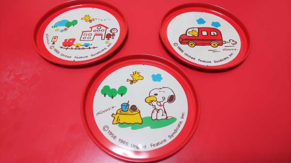 *SNOOPY& Woodstock * жестяная пластина производства tray 3 шт. комплект * Showa Retro * Snoopy *