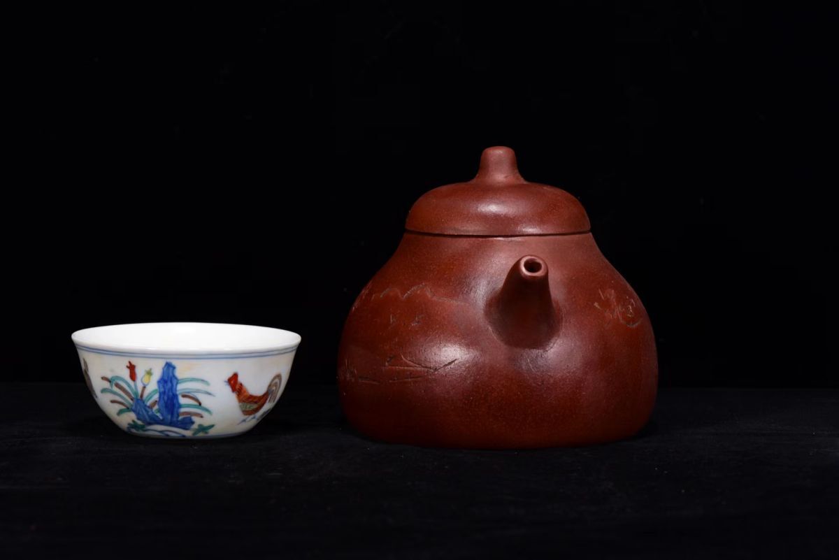 永し 清時代 清刻紫砂壺 明成化茶碗 漆盒 一套 古陶磁器 陶芸
