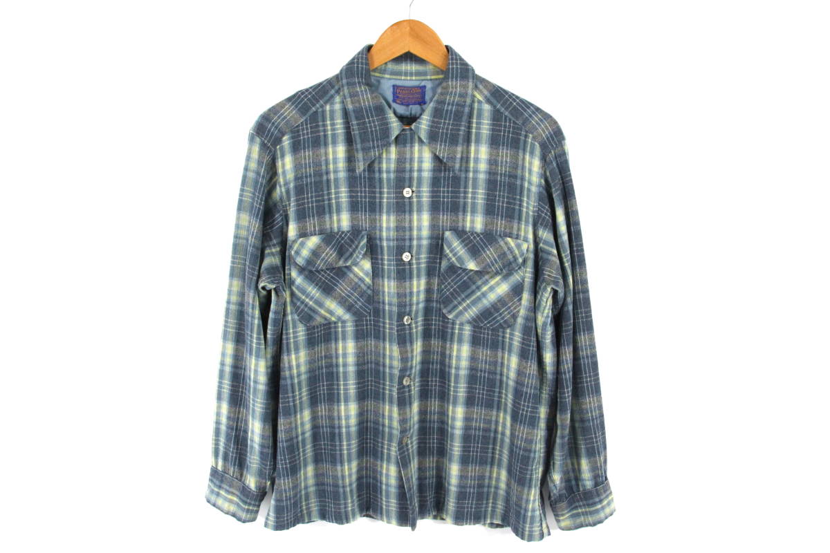 【70's】PENDLETON ボードシャツ オンブレー グラデーション チェック ウール ネルシャツ L ネイビー オープンカラー 開襟 ビンテージ