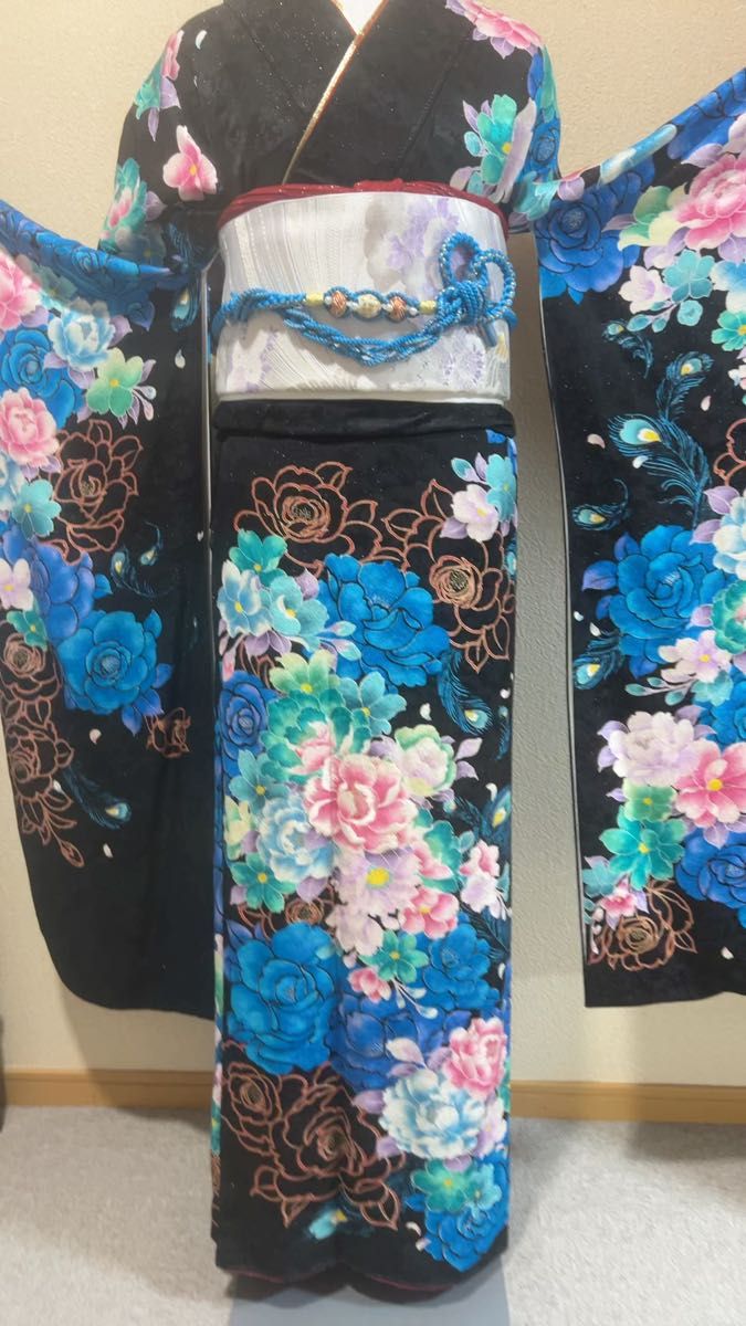 正絹 振袖 振袖5点セット 成人式 袋帯 着物 金駒刺繍 金彩 前撮り 黒色 フルセット