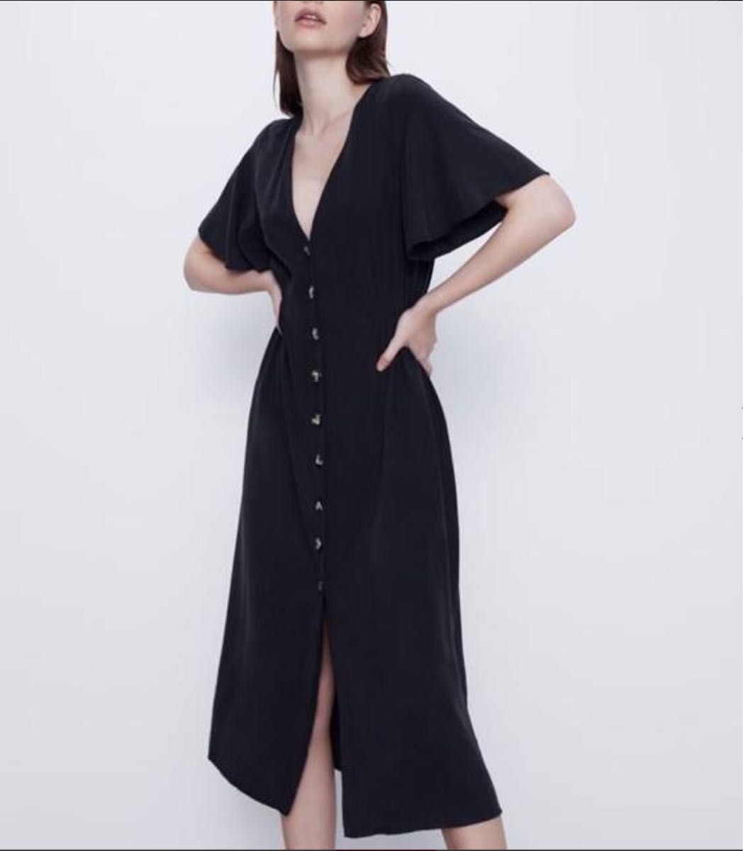 ☆ドイツ発*ZARA*新作*デコラティブボタンリネンワンピ/BLACK☆ ZARA】 ザラ フロントボタン付き ワンピース ブラック ロング