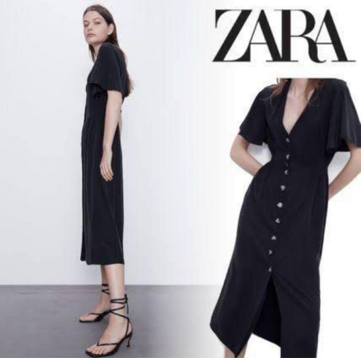 ZARAザラ♪ボタン付きロング丈ワンピース ZARA】 ザラ フロントボタン付き ワンピース ブラック ロング