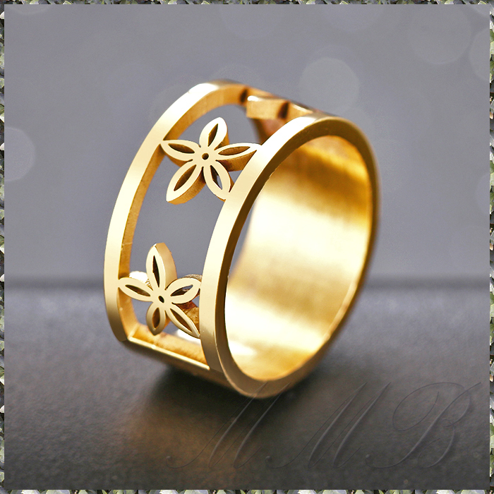 [RING] Gold Plated Hollow Flowers ミラー ポリッシュ サクラ 切り絵 デザイン 10mm 平打ち フラット ゴールド リング 16号 【送料無料】_画像1