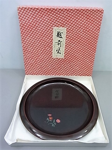 K　　越前塗　丸盆　天然木　直径約24cm 340g　現状品　売り切り_画像1