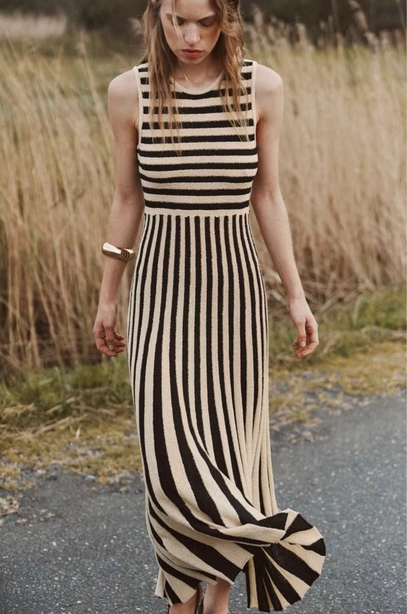 【関税込み】VIP◆ヘンプ レーザーカット ミディワンピース 未使用】ZARA ストライプミディワンピース|Yahoo!フリマ(旧