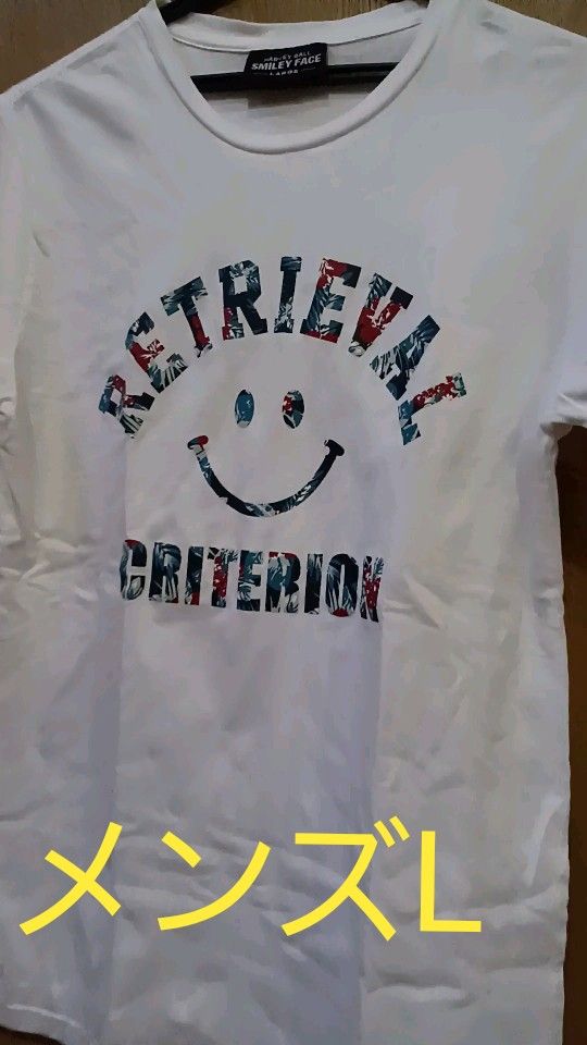 メンズL【SMILEY FACE Tシャツ】 ホワイト ロゴ トロピカルデザイン 身幅約46㎝