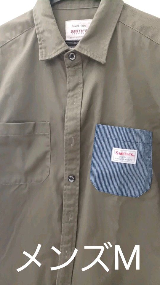 美品メンズM【SMITH'S AMERICAN 半袖シャツ 】カーキ メンズ 着丈約69身幅約52 肩幅約44 袖丈約20