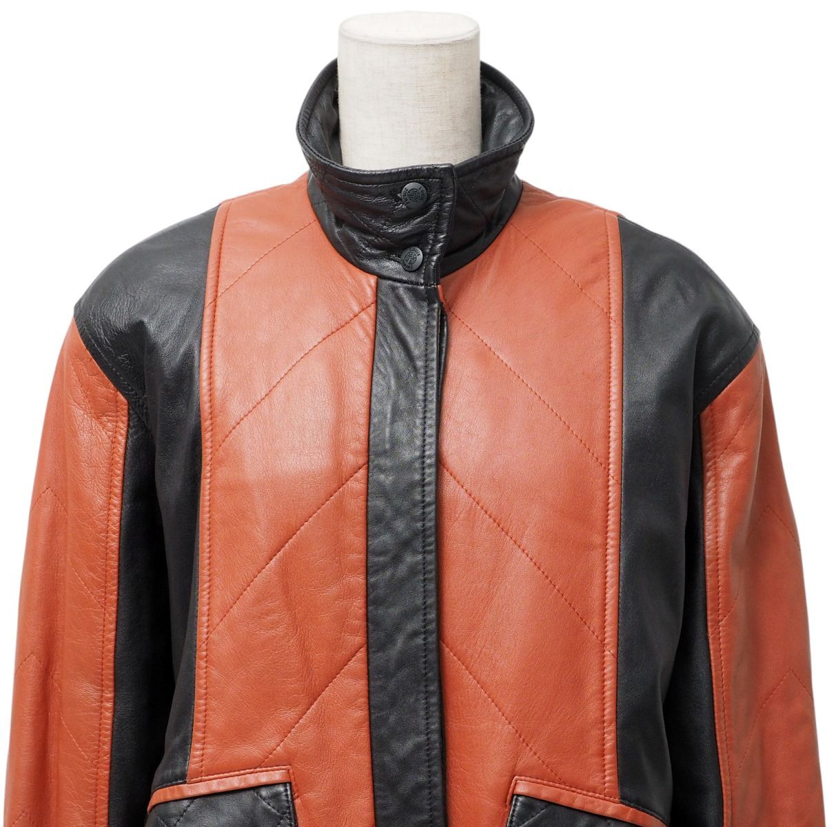 MH6561☆ルイフェロー Louis Feraud レザージャケット ブルゾン リアルレザー 比翼仕立て バイカラー テラコッタ系×ブラック サイズ42