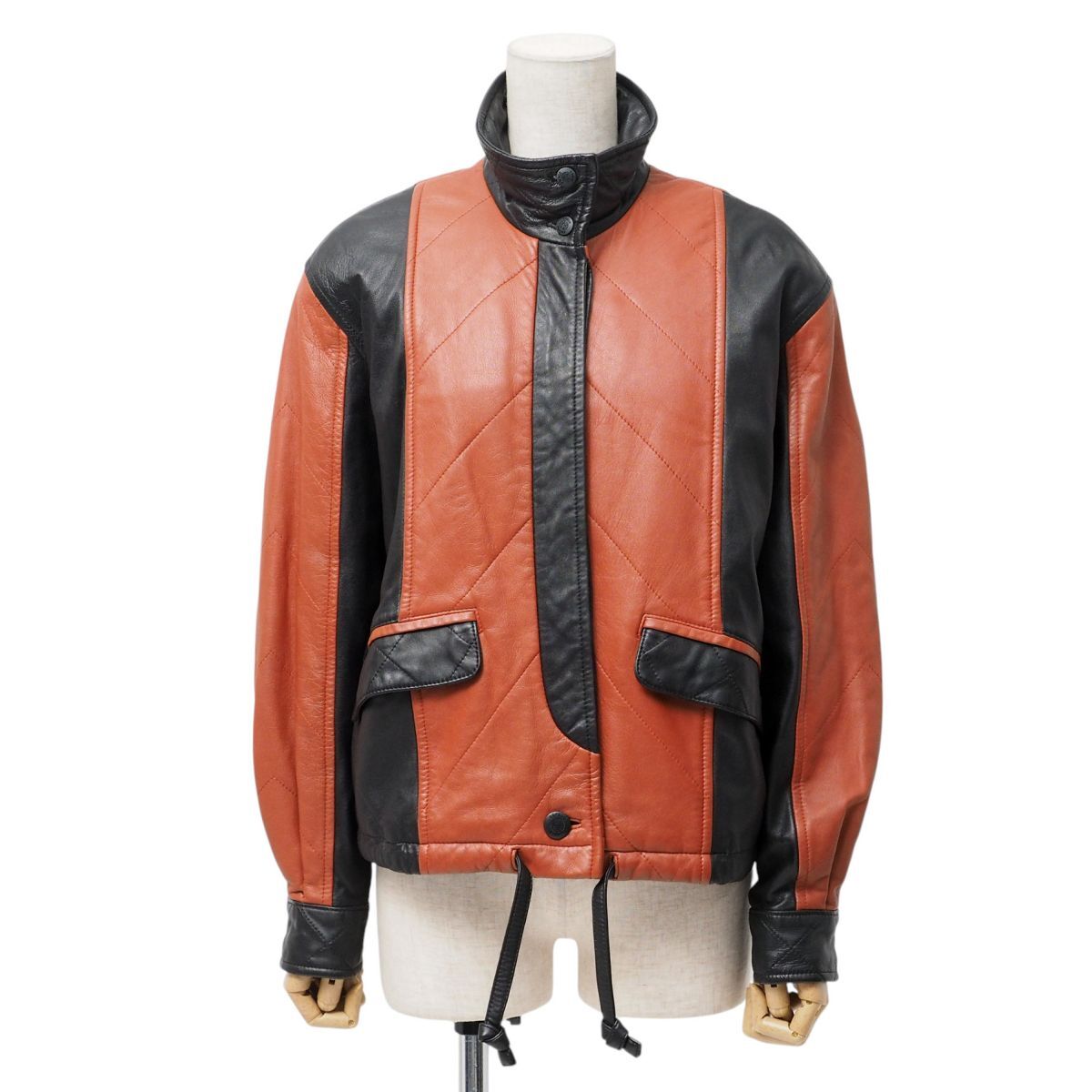 MH6561☆ルイフェロー Louis Feraud レザージャケット ブルゾン リアルレザー 比翼仕立て バイカラー テラコッタ系×ブラック サイズ42