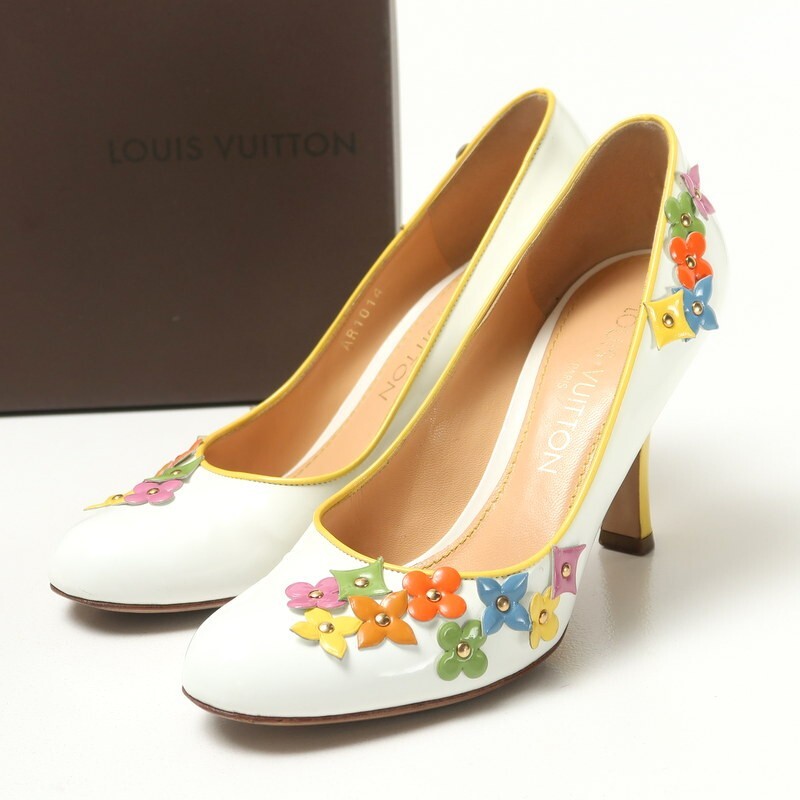MH5322*イタリア制 LOUIS VUITTON ルイヴィトン モノグラムフラワー レザーパンプス 34.5(21.5cm相當(dāng)) 靴 ホワイト