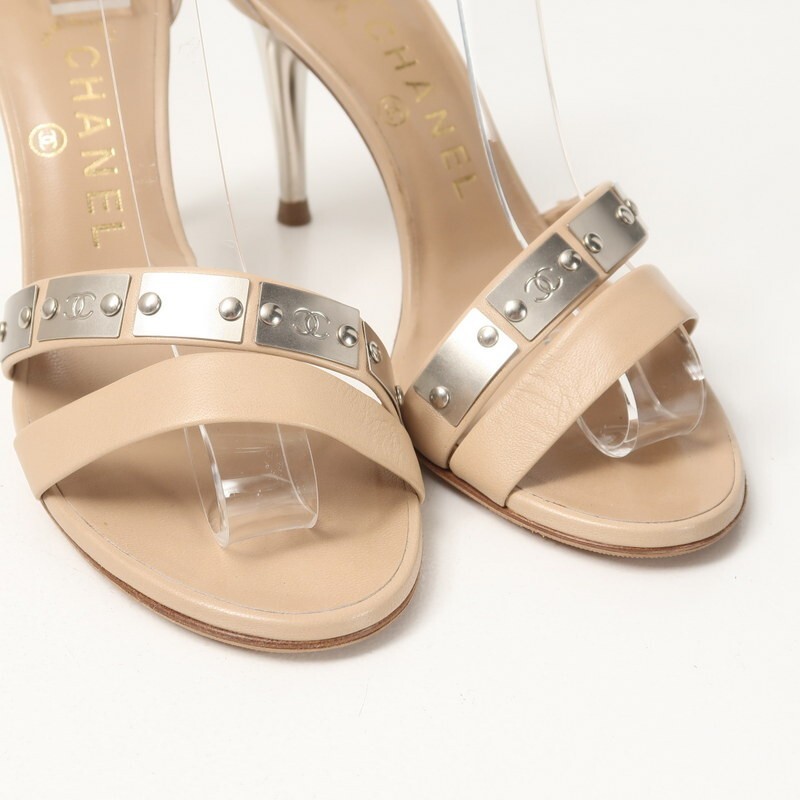 GR3852*イタリア制 CHANEL シャネル CC ココマーク メタルヒール レザー アンクルストラップサンダル 36.5C(23.5cm相當(dāng)) 靴 ベージュ