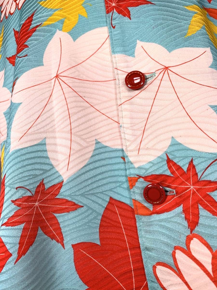 メンズ アロハ シャツ L 正絹 菊と紅葉の模様 ハンドメイド シルク 和 