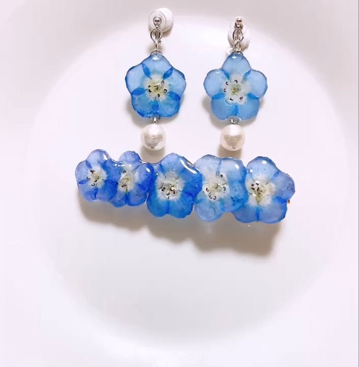 【再販・翌日発送◎】ラス1 ネモフィラのドライフラワー×真鍮イヤリング&ヘアクリップセット*パーツ変更・バラ売り・値下げ不可