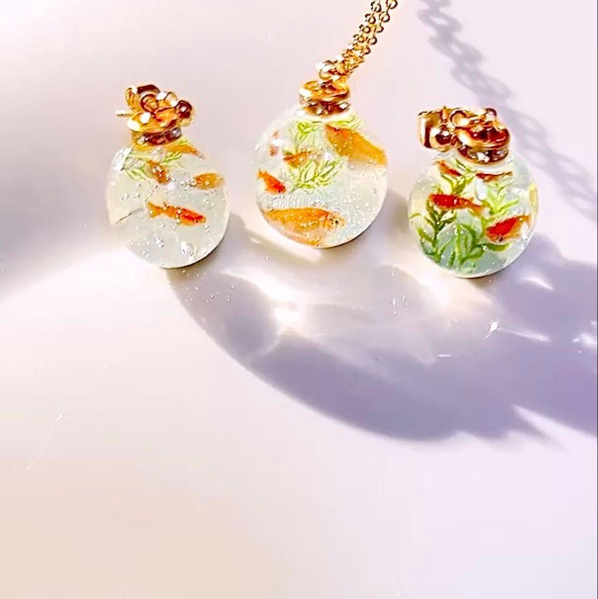 翌日発送イヤリング変更可◎ 再販×7 メダカ K16GP 天然石 アクアマリン ピアス ネックレス セット 値下げバラ売り不可