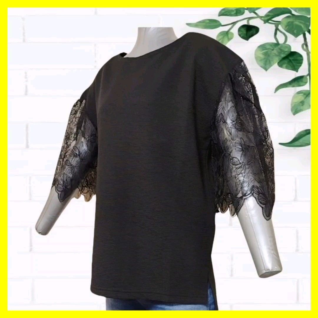 【新品】花柄 レース袖 リブカットソー M 黒 トップス レディース