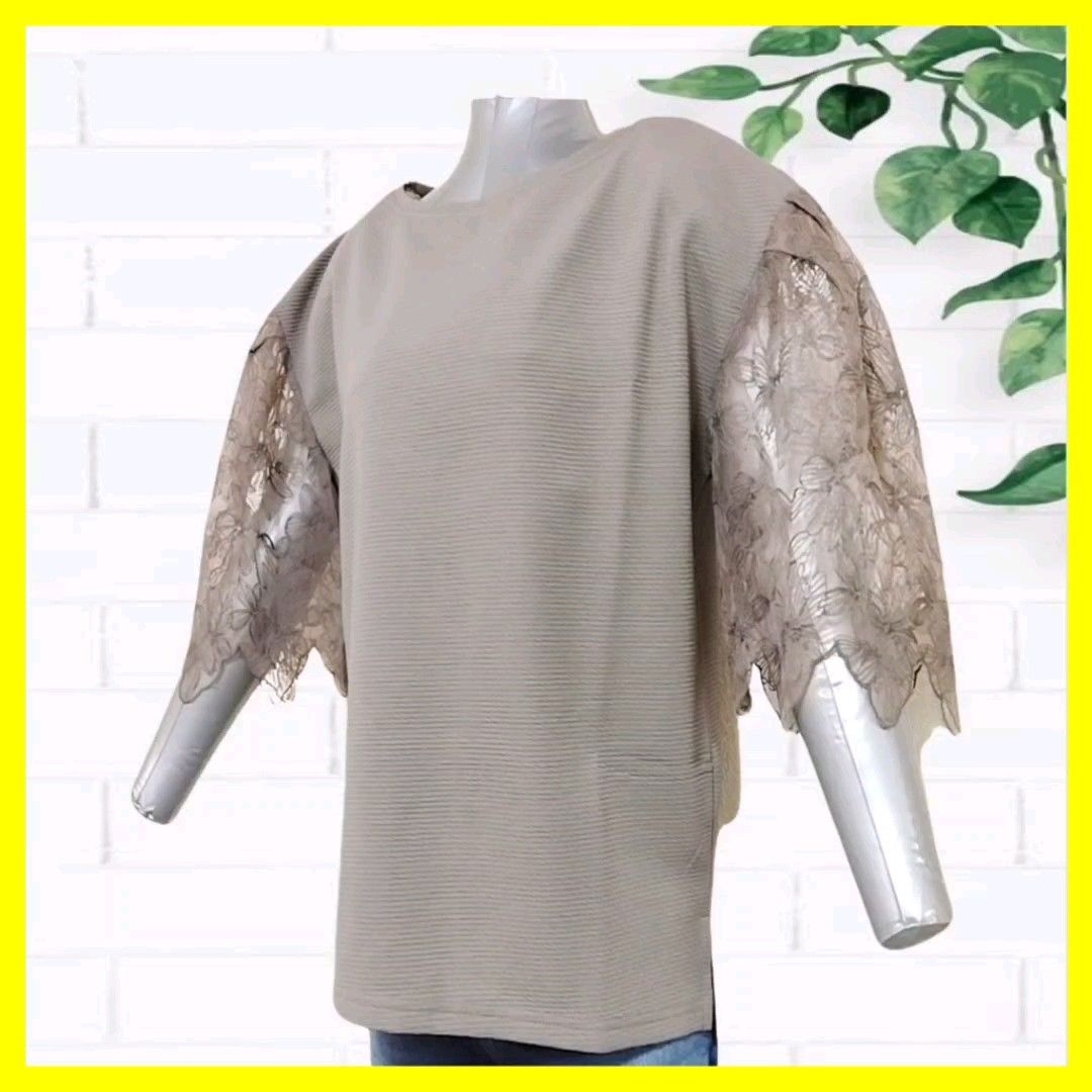 【新品】花柄 レース袖 リブカットソー M ベージュ トップス レディース