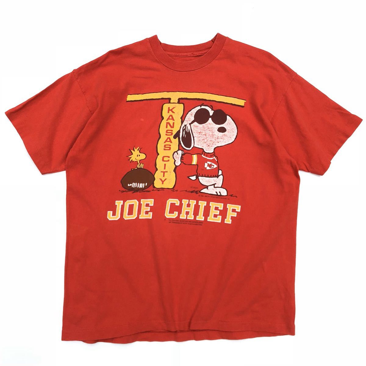 ■激カワ■90s USA製 JOE COOL スヌーピー Tシャツ L相当 赤 アメフト ビンテージ_画像1