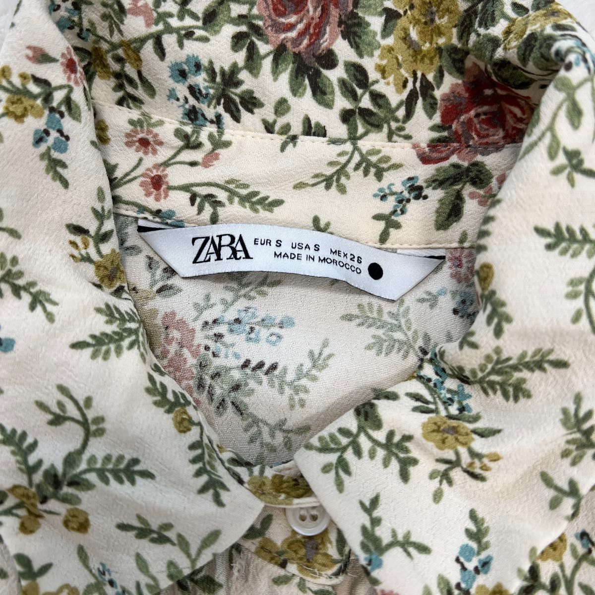 【ZARAザラ】シャツ風半袖ロングワンピースS花柄マキシ丈シワ加工ベージュ系