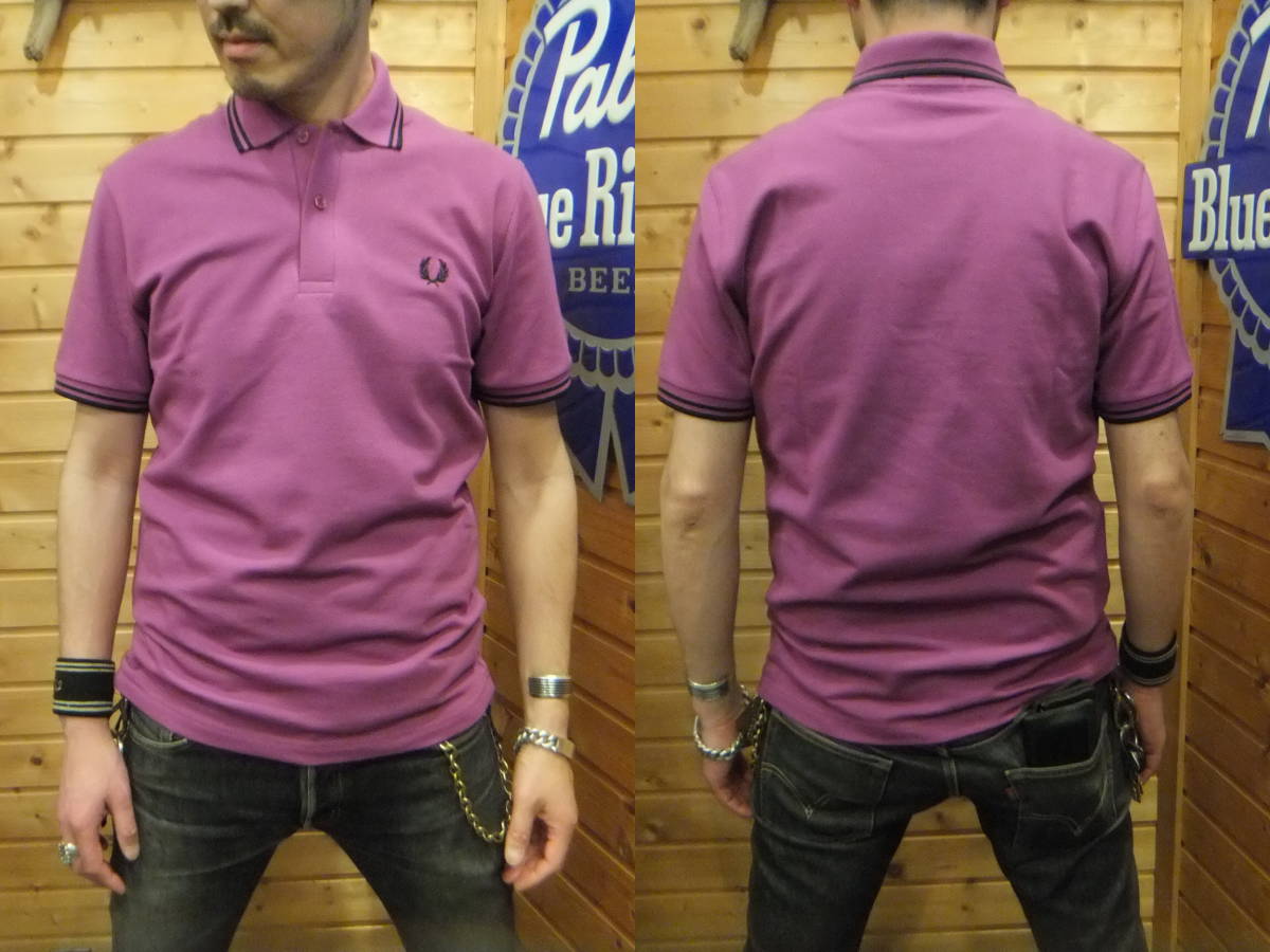 フレッドペリー正規店 M12N-K71 英国製ポロシャツ[紫系][黒×黒ライン][38]新品が送料無料!!_[174㎝×64㎏]で[38]を試着中の画像です。 