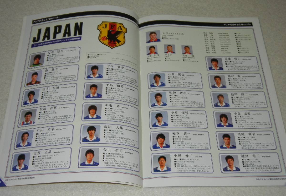 D3/1998年 サッカー 日本アルゼンチン修好100周年記念試合 アジア大会日本代表vsU-21アルゼンチン代表 パンフレット_画像2