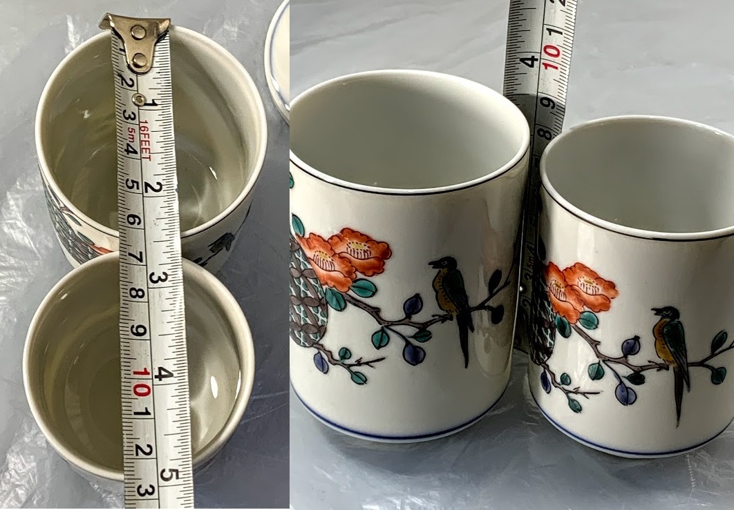 希少美品 古い色絵九谷 花鳥文 二重角福銘　夫婦湯呑　蓋付 飲茶碗 組湯呑 未使用 長期保管品 コレクション アンティーク インテリア_画像10