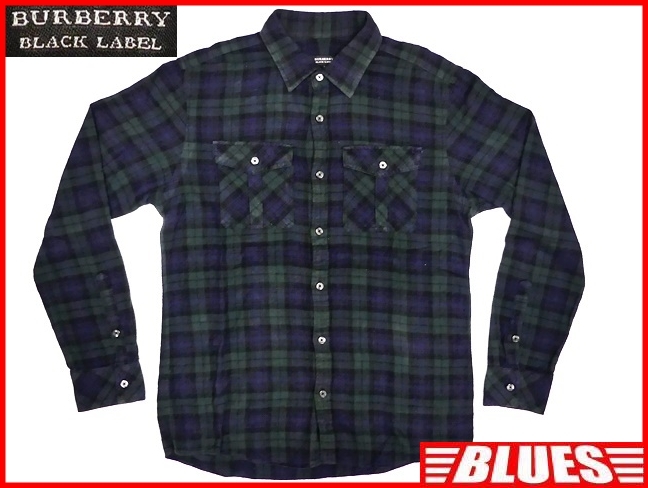 即決★BURBERRY BLACK LABEL★メンズM 廃版 チェックシャツ バーバリーブラックレーベル 2 紺 グリーン 三陽商会正規 ナイト刺繍 長袖