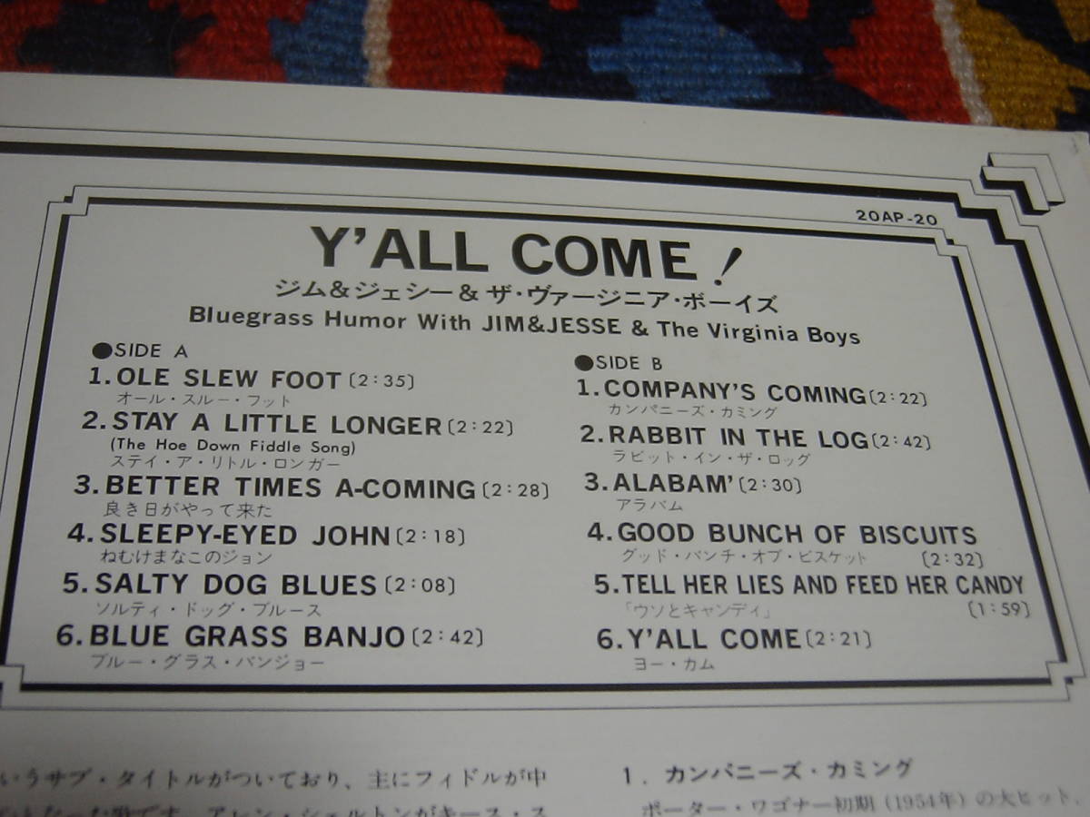 60's ジム & ジェシー & ザ・ヴァージニア・ボーイズ BLUEGRASS HUMOR WITH JIM & JESSE AND THE VIRGINIA BOYS LP ヨー・カム Y' ALL COME_画像3