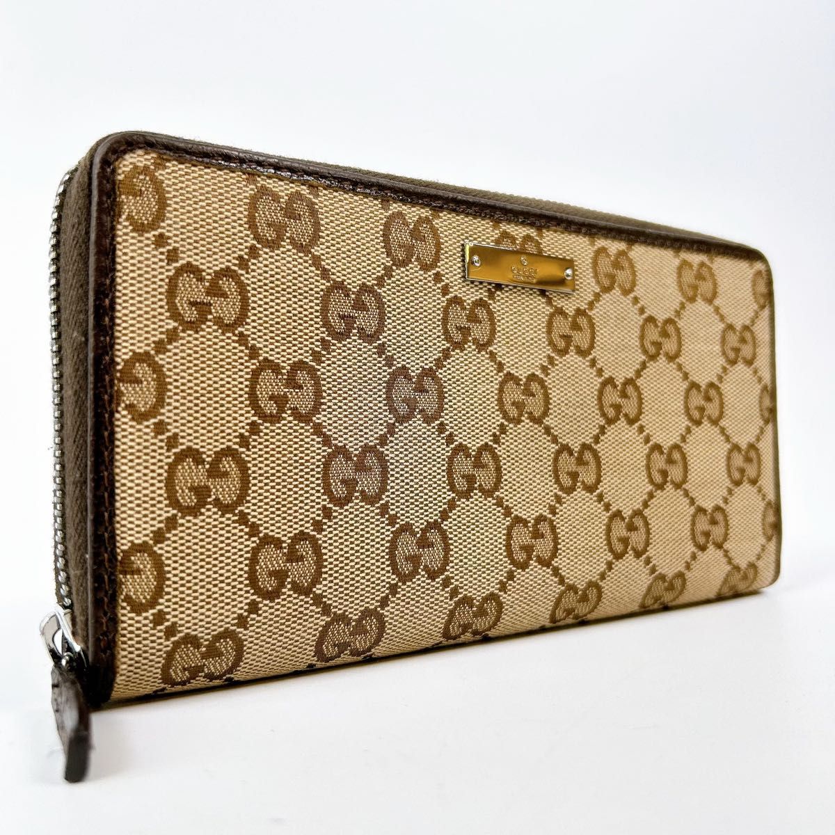 美品 GUCCI グッチ GGキャンバス 長財布 レザー ラウンドファスナー