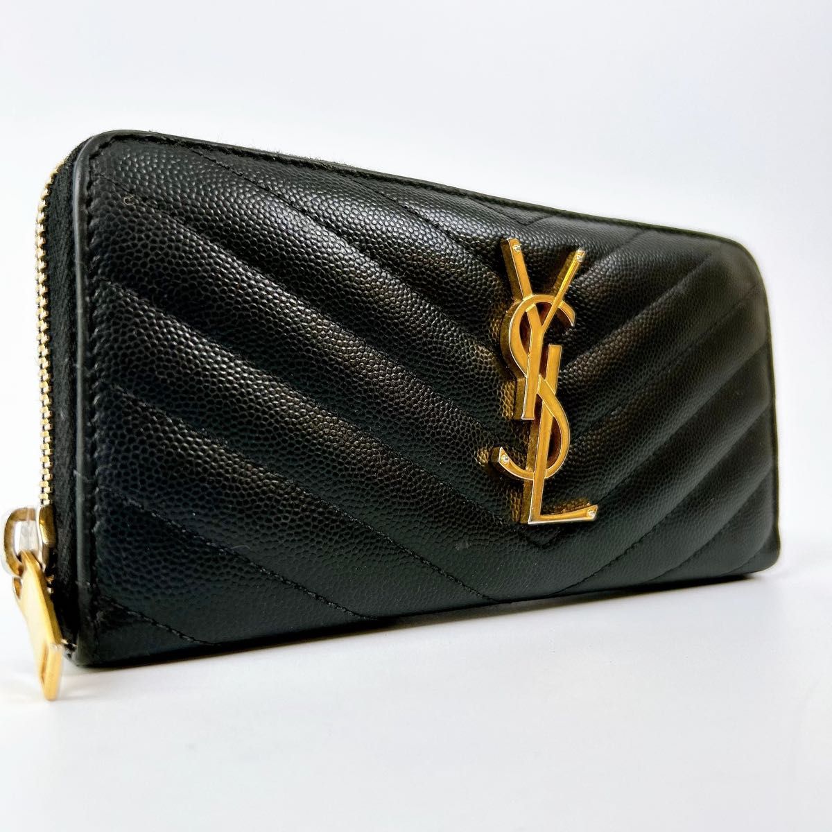 美品 YSL イヴサンローラン キャビアスキン カサンドラ 長財布 キルティング