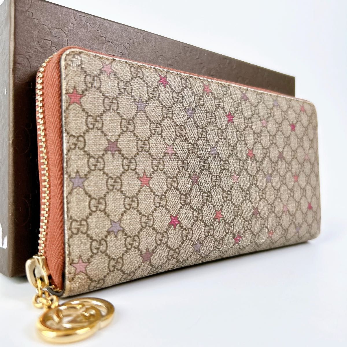 美品 グッチ GUCCI 長財布 ラウンドファスナー マイクログッチシマプラススター ベージュ マルチカラー 307982